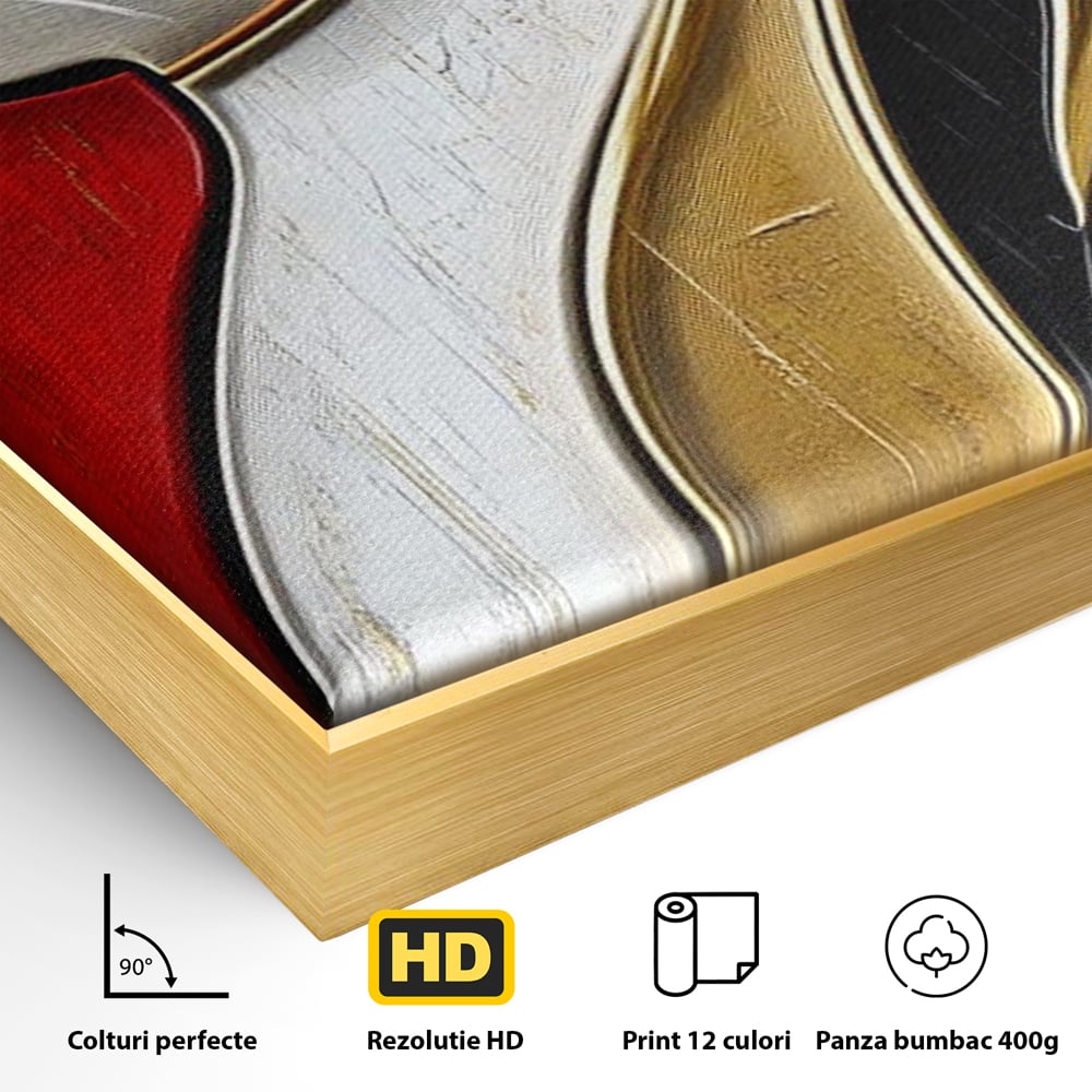 Detaliu al suprafetei: tablou canvas cu pisica in profil, in rama de aluminiu auriu